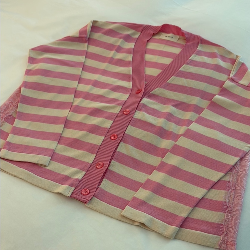 Pink and Cream Striped Knit Cardigan